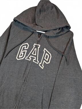 Gap Logo Full Zip Hoodie Gray Fleece Spellout Pocket Sweatshirt Women Size Large